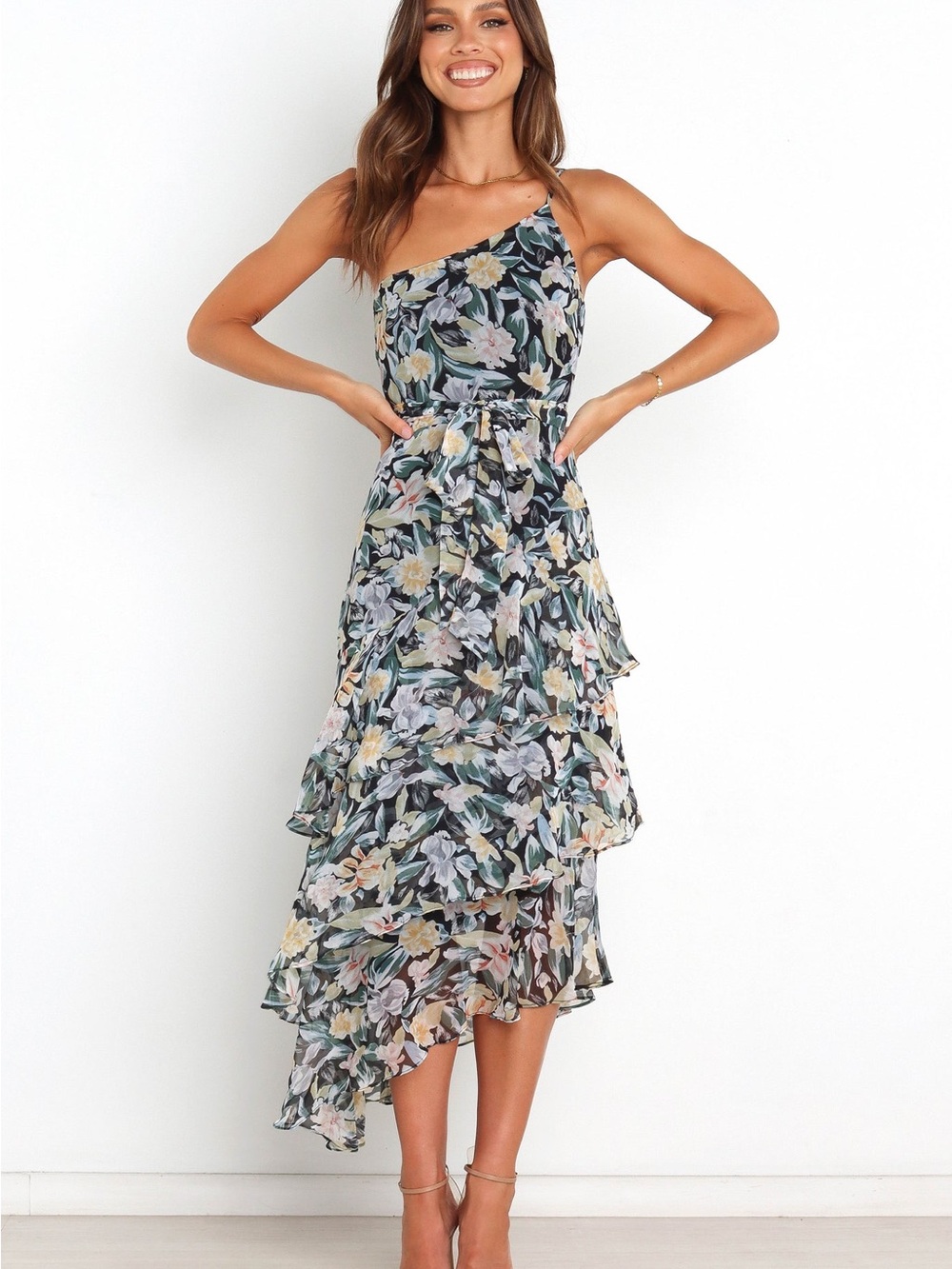 Petal & Pup Amren One-Shoulder Floral Ruffle Midi Dress - Black Multicolor